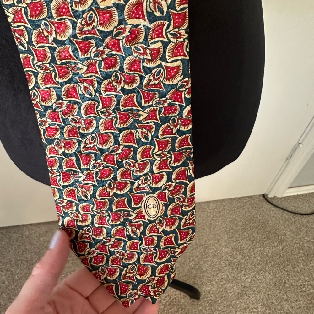 Christian Dior Men’s Silk Tie - Green, Red, Gold - Has Small CD Logo on Front